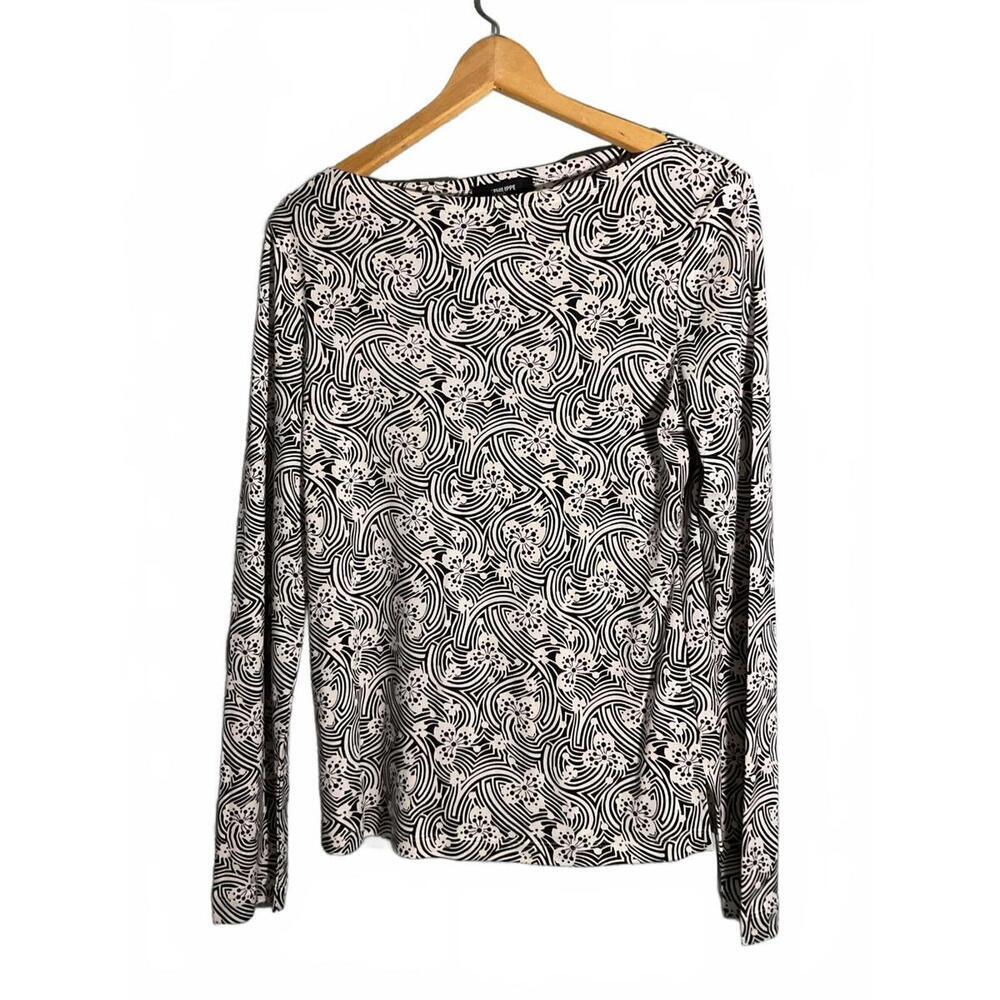 Philippe Adec Women's Black and Cream Patterned Top  Large